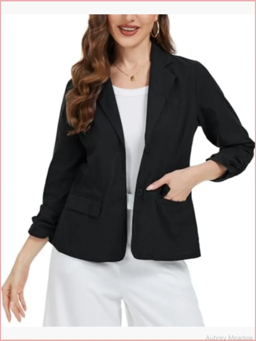 Linen Blazer Jacket Lightweight 3/4 Ruched Sleeve Button Work Office